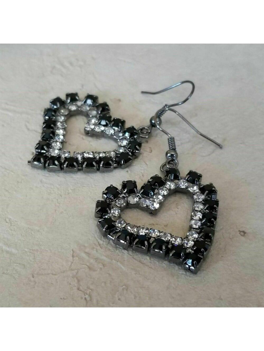 Austrian Crystal Open Heart Gunmetal Grey Black and Clear Dangle Earrings